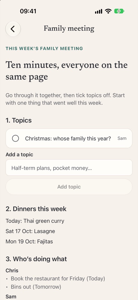 Family meeting agenda with topics and dinners